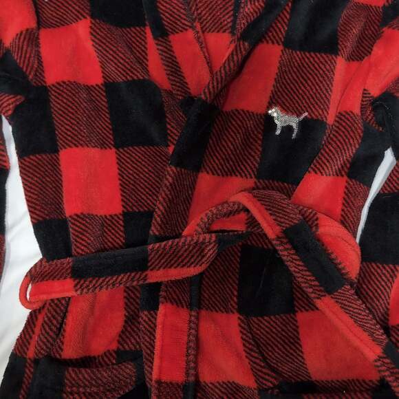 Victoria's Secret PINK Other - Victoria's Secret PINK Red Buffalo Plaid Sequin Dog Logo Hooded Fleece Robe